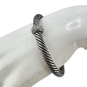 Micro Crystal Pavé Fixed Bead Twisted Cable Silver Tone Cuff 6.25” Bracelet